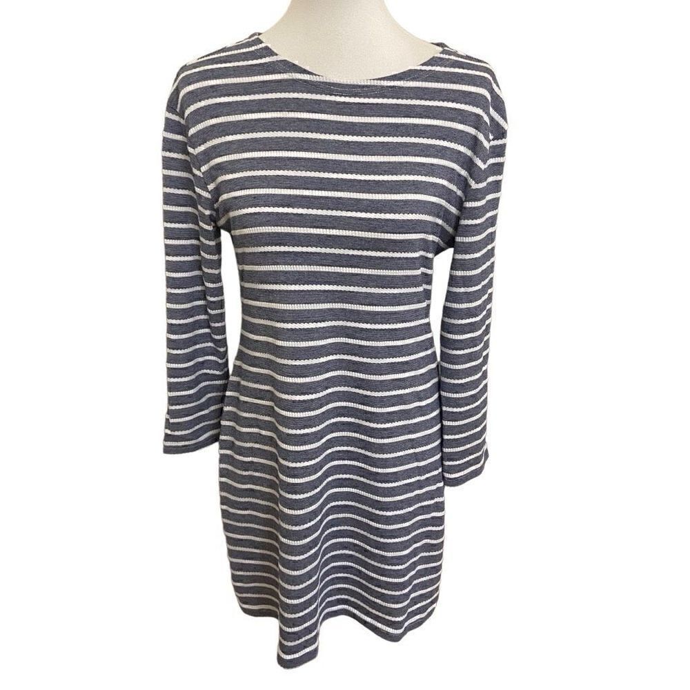Sail to Sable Navy Blue & White Striped Shift Dress Nautical 3/4 Sleeves Medium